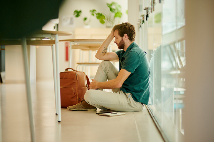 Depression, burnout and anxiety for sad student anxious about final exam, education or test fail. Mental health, stress and young gen z man depressed over university study, college learning or school