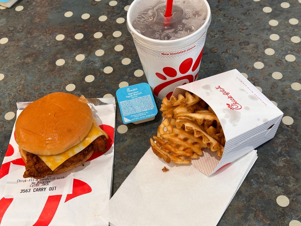 Typical Chik-fi-A meal, fried chicken sandwich, waffle fries and a drink, food court, Rego Center shopping mall, Queens, New York
