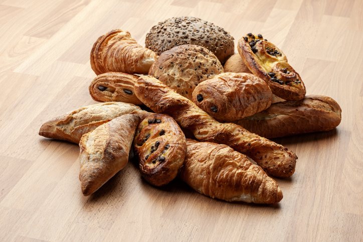 Croissants, baguette, Danish, pain au chocola and buns