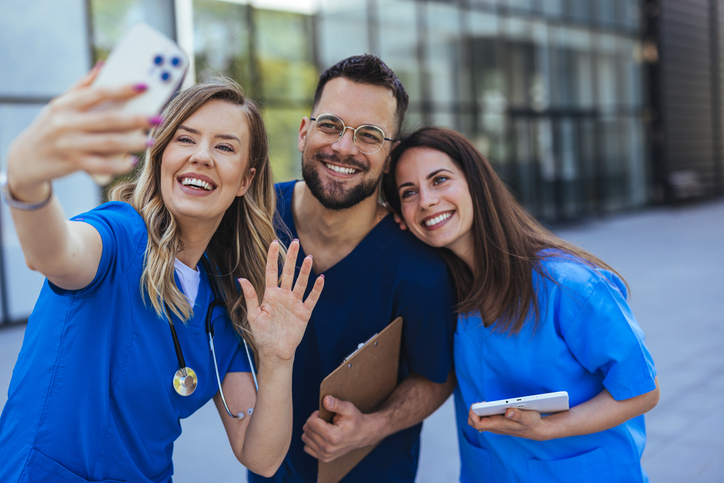 Selfie, portrait and hospital doctors, happy people or surgeon team smile on healthcare, medical photo or health services.