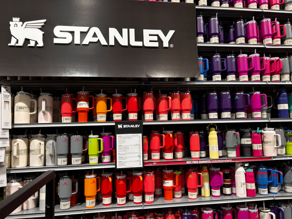 Trendy Stanley brand water bottle tumbler display in Dick's Sporting Goods store, Queens, New York