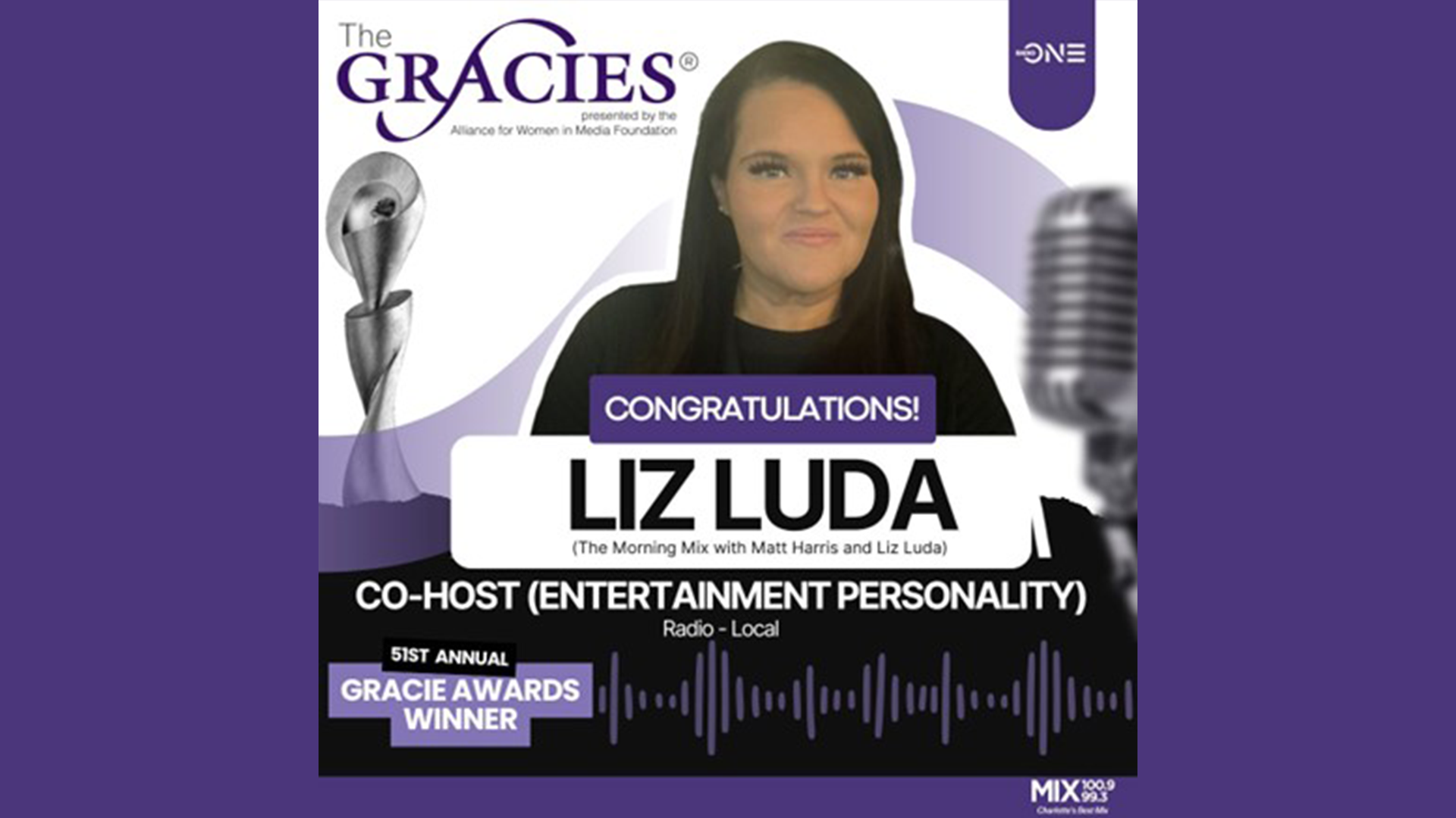 liz luda wins gracie award for mix charlotte personality