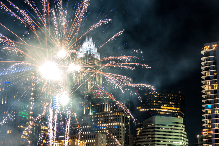 fireworks show over charlotte skyline post baseball game